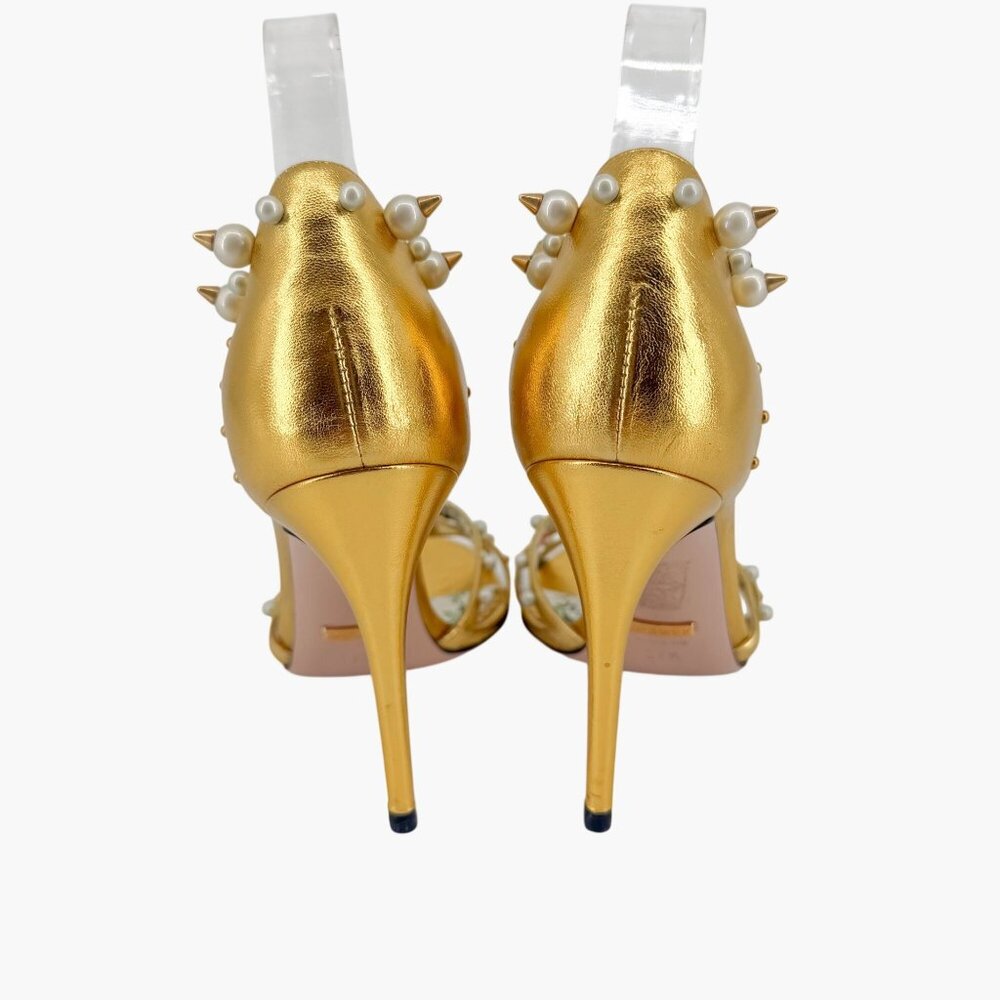 Gucci Regina Metallic Gold Pearl Studded T-Strap Heels Bee GG Size 37.5 US 7.5 - Picture 6 of 15